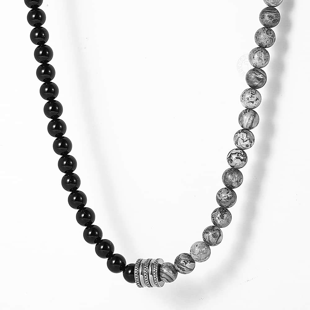 Gray & Matte Black Bead Map Stone Necklace